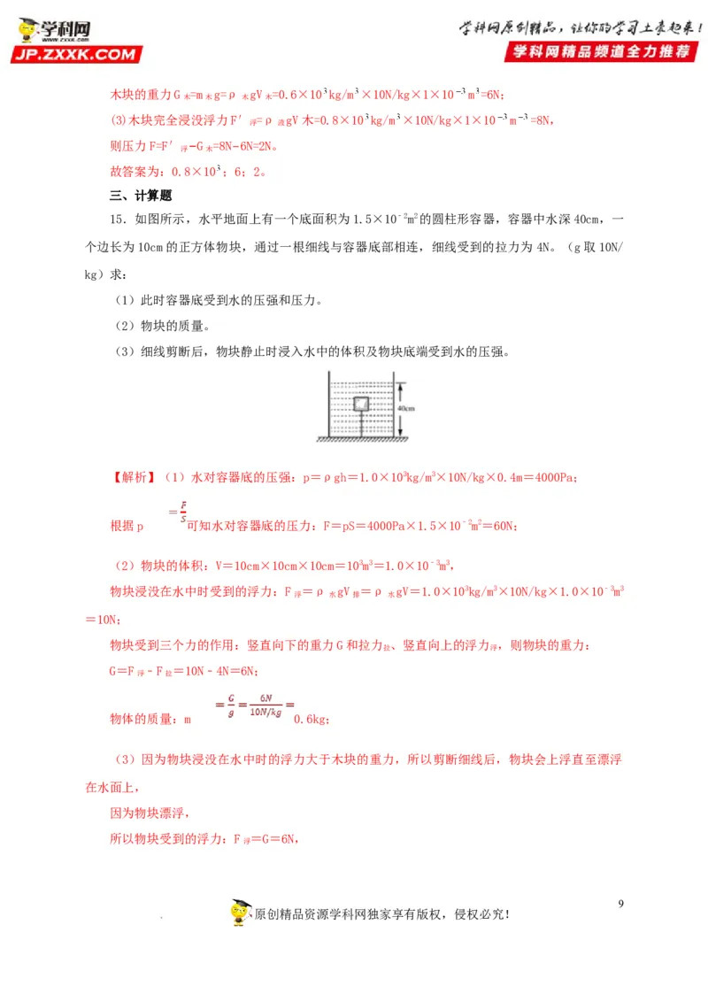 第十三单元密度、压强和浮力综合过关测试（解析版）_8、物理总复习_8.中考物理总复习_2022年中考复习资料
