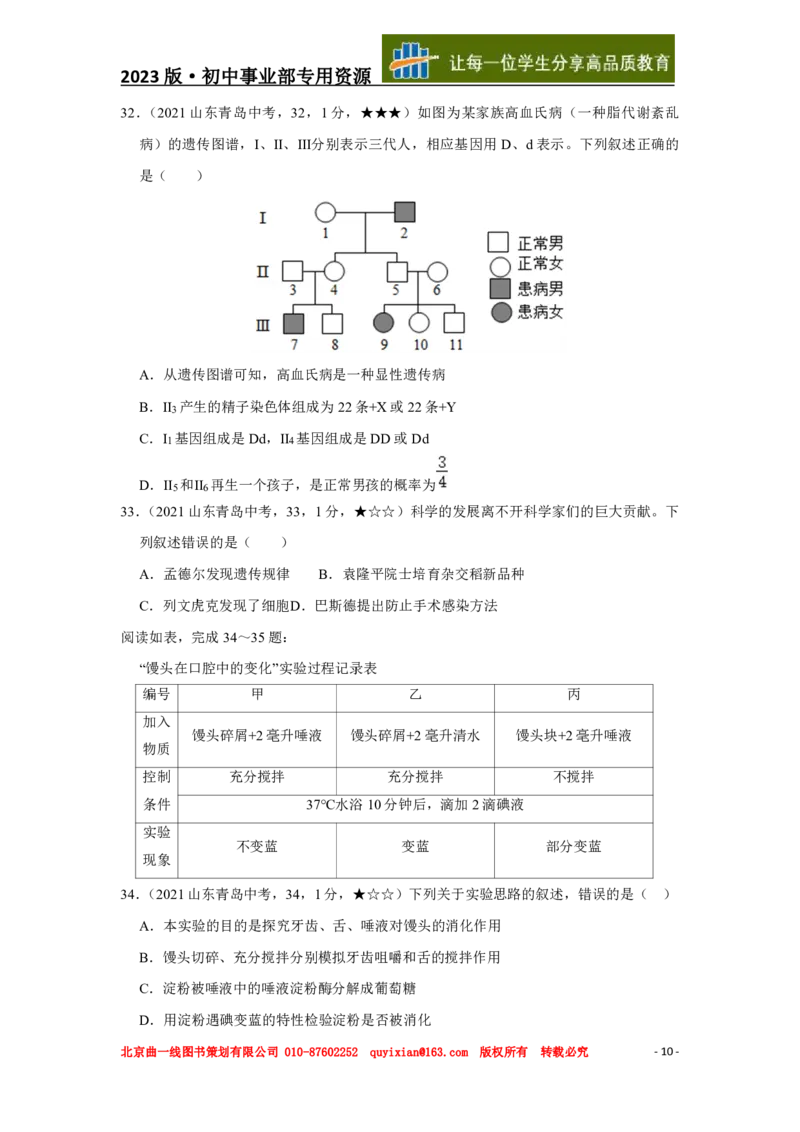 生物&mdash;&mdash;山东省青岛市pdf版，含答案全解全析(1)_山东历年中考真题_山东省历年中考真题2013~2024_初中生物历年真题（2013-2024）
