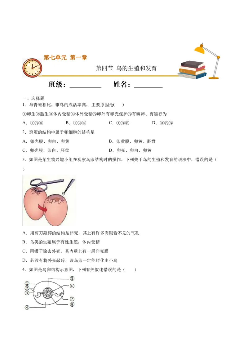 7.1.4鸟的生殖和发育（重点练）-（人教版）（原卷版）_初中全科电子版试卷练习试题_生物_生物8下练习_人教生物8年级下课时练习51份