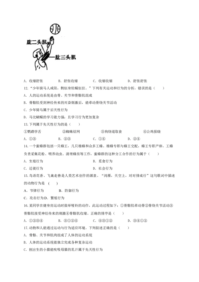 5.2章末检测（备作业）-（人教版）（原卷版）_初中全科电子版试卷练习试题_生物_生物8上练习_人教生物8年级上单元试卷48份_第4套八年级生物上册单元试卷（人教版）08份