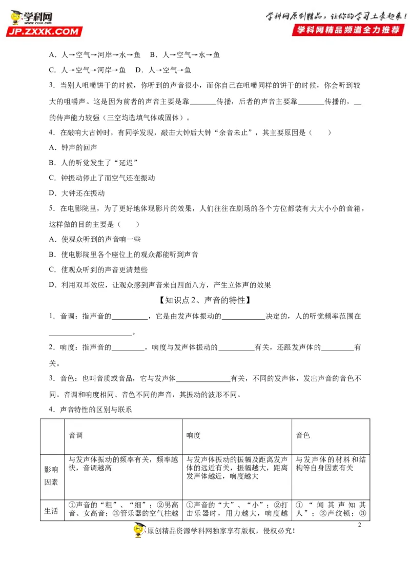 第二章声现象（原卷版）_8、物理总复习_8.中考物理总复习_2022年中考复习资料_2022年中考物理一轮复习知识点梳理与针对性分层训练（人教版）265897621