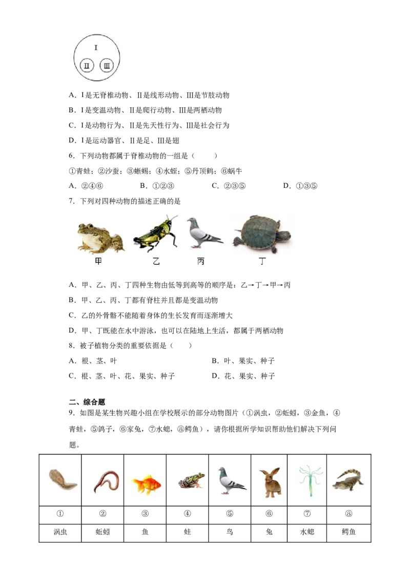 6.1.1尝试对生物进行分类（练习）（原卷版）_初中全科电子版试卷练习试题_生物_生物8上练习_人教生物8年级上课时练习37份_第1套八年级生物上册课时练习（人教版）16份
