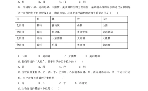 6.1根据生物的特征进行分类（章末检测）（备作业）-（人教版）（原卷版）_初中全科电子版试卷练习试题_生物_生物8上练习_人教生物8年级上单元试卷48份