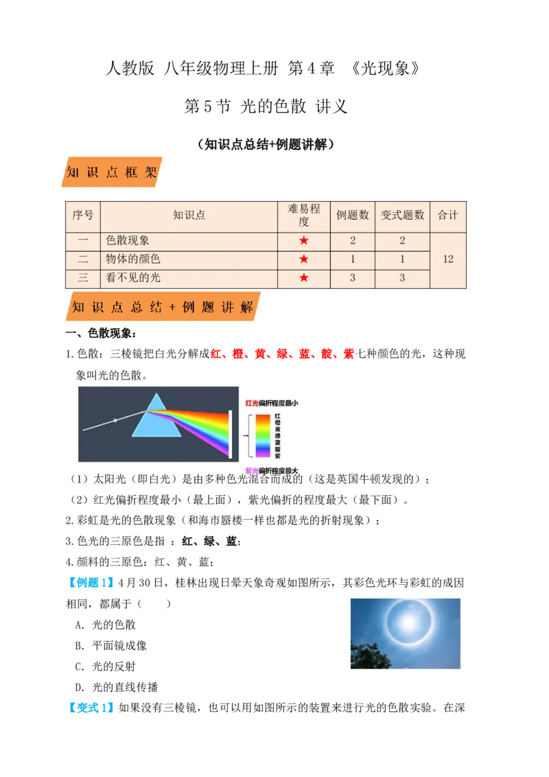 4.5光的色散（知识点+例题）（原卷版）_初中全科电子版试卷练习试题_物理_8年级上册物理试题_人教版物理八年级上课时练习（104份）_课时练习第1套53