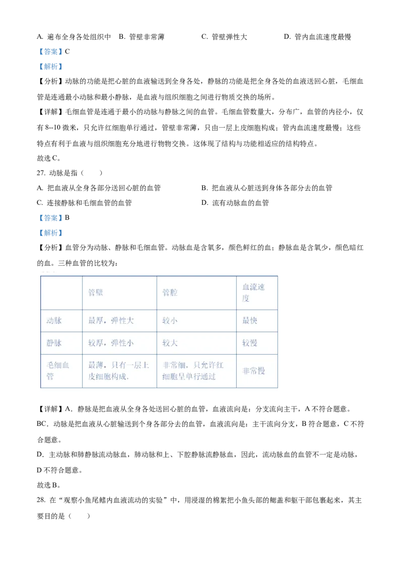 3七年级下学期期中生物试题（解析版）_初中全科电子版试卷练习试题_生物_生物人教版7下练习_人教生物7年级下期中试卷07份
