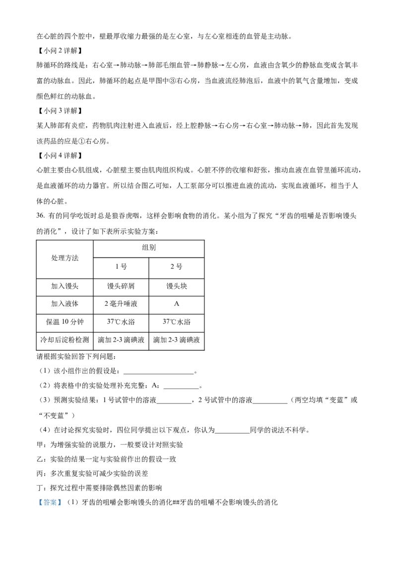 3七年级下学期期中生物试题（解析版）_初中全科电子版试卷练习试题_生物_生物人教版7下练习_人教生物7年级下期中试卷07份