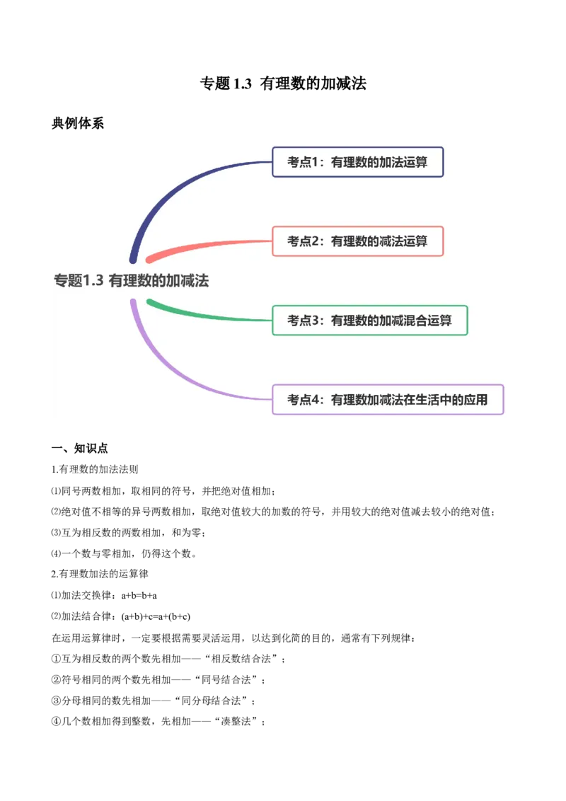 1.3有理数的加减法讲练（原卷版）（人教版）_初中全科电子版试卷练习试题_数学_7上初中人教版数学练习、试卷24新版已更新_人教数学七年级上课时练习（109份）