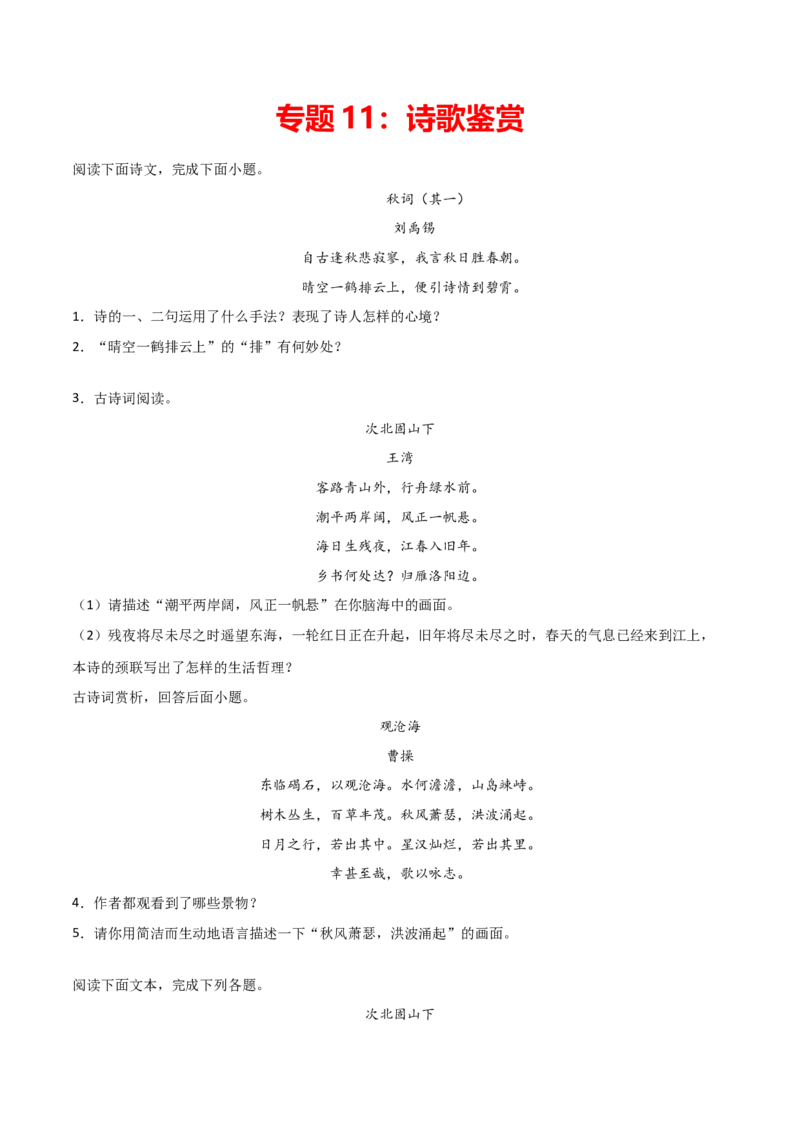 专题11：诗歌鉴赏-七年级语文上学期期末专项复习（部编版）_初中全科电子版试卷练习试题_语文_7上初中部编版语文练习、试卷_部编语文七年级上专项练习（020份）_专题练习