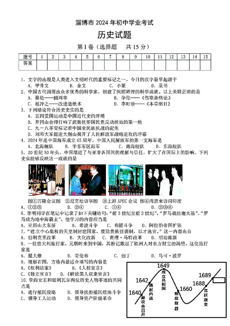 2024年山东省淄博市中考历史真题及答案_山东历年中考真题_山东省历年中考真题2013~2024_初中历史历年真题（2013-2024）