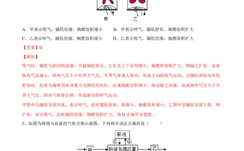 4.3.2发生在肺内的气体交换（解析版）_初中全科电子版试卷练习试题_生物_生物人教版7下练习_人教生物7年级下课时练习40份_第2套七年级生物下册课时练习（人教版）20份