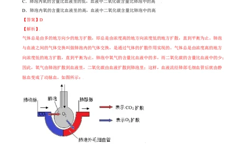 4.3.2发生在肺内的气体交换（解析版）_初中全科电子版试卷练习试题_生物_生物人教版7下练习_人教生物7年级下课时练习40份_第2套七年级生物下册课时练习（人教版）20份