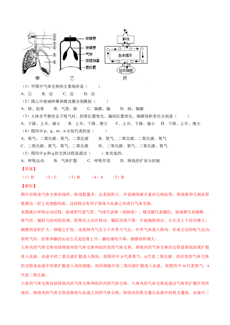 4.3.2发生在肺内的气体交换（解析版）_初中全科电子版试卷练习试题_生物_生物人教版7下练习_人教生物7年级下课时练习40份_第2套七年级生物下册课时练习（人教版）20份