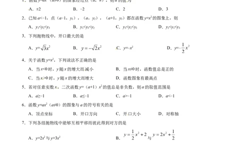 22.1.2二次函数y=ax2的图象和性质-九年级数学人教版（上）（原卷版）_初中全科电子版试卷练习试题_数学_9上初中人教版数学练习、试卷_人教数学九年级上课时练习（58份）
