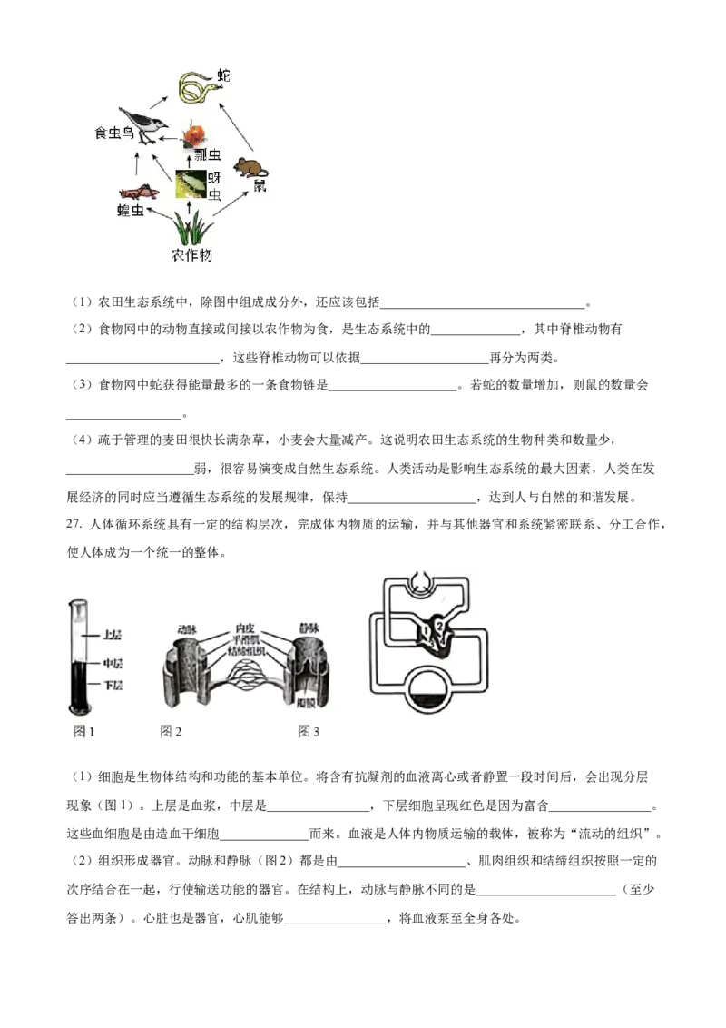 2024年山东省烟台市中考生物真题（原卷版）(1)_山东历年中考真题_山东省历年中考真题2013~2024_初中生物历年真题（2013-2024）