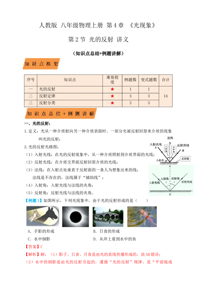 4.2光的反射（知识点+例题）（解析版）_初中全科电子版试卷练习试题_物理_8年级上册物理试题_人教版物理八年级上课时练习（104份）_课时练习第1套53