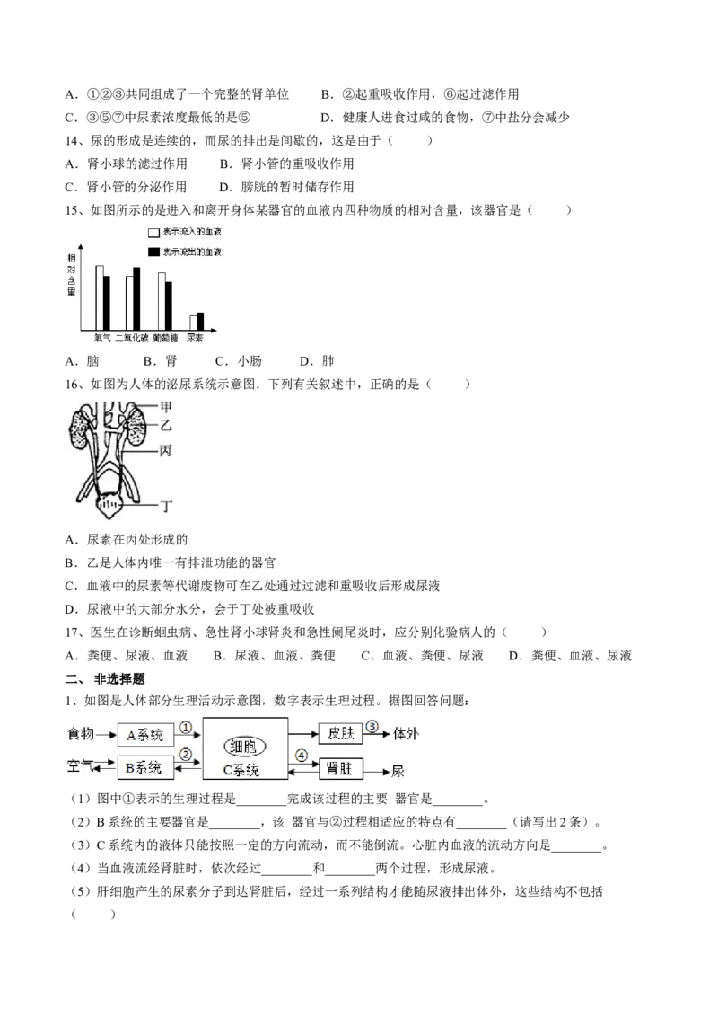 4.5人体内废物的排出（原卷版）_初中全科电子版试卷练习试题_生物_生物人教版7下练习_人教生物7年级下课时练习40份_第2套七年级生物下册课时练习（人教版）20份