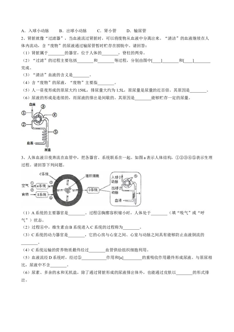 4.5人体内废物的排出（原卷版）_初中全科电子版试卷练习试题_生物_生物人教版7下练习_人教生物7年级下课时练习40份_第2套七年级生物下册课时练习（人教版）20份