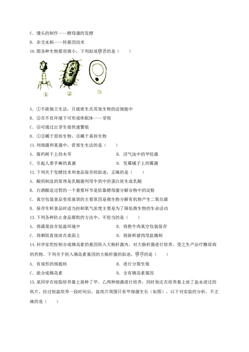 5.4细菌和真菌（章末检测）（备作业）-（人教版）（原卷版）_初中全科电子版试卷练习试题_生物_生物8上练习_人教生物8年级上单元试卷48份