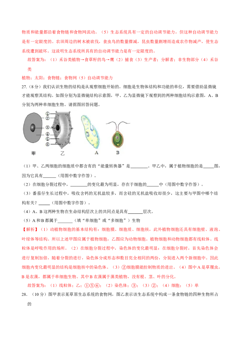 七年级上册人教版期中测试03（解析版）_初中全科电子版试卷练习试题_生物_生物人教版7上练习&mdash;24新版已更新_人教生物7年级上期中试卷07份