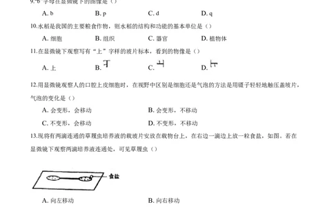 专题2.1.1练习使用显微镜（原卷版）_初中全科电子版试卷练习试题_生物_生物人教版7上练习&mdash;24新版已更新_人教生物7年级上课时练习39份_七年级生物上册课时练习（人教版）18份