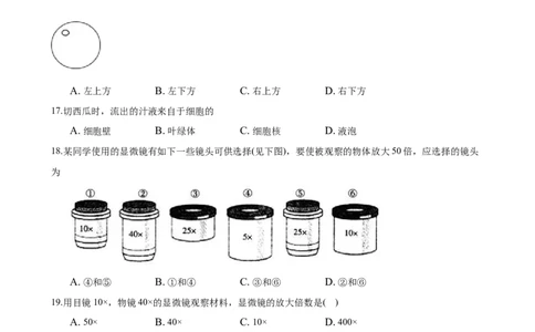 专题2.1.1练习使用显微镜（原卷版）_初中全科电子版试卷练习试题_生物_生物人教版7上练习&mdash;24新版已更新_人教生物7年级上课时练习39份_七年级生物上册课时练习（人教版）18份