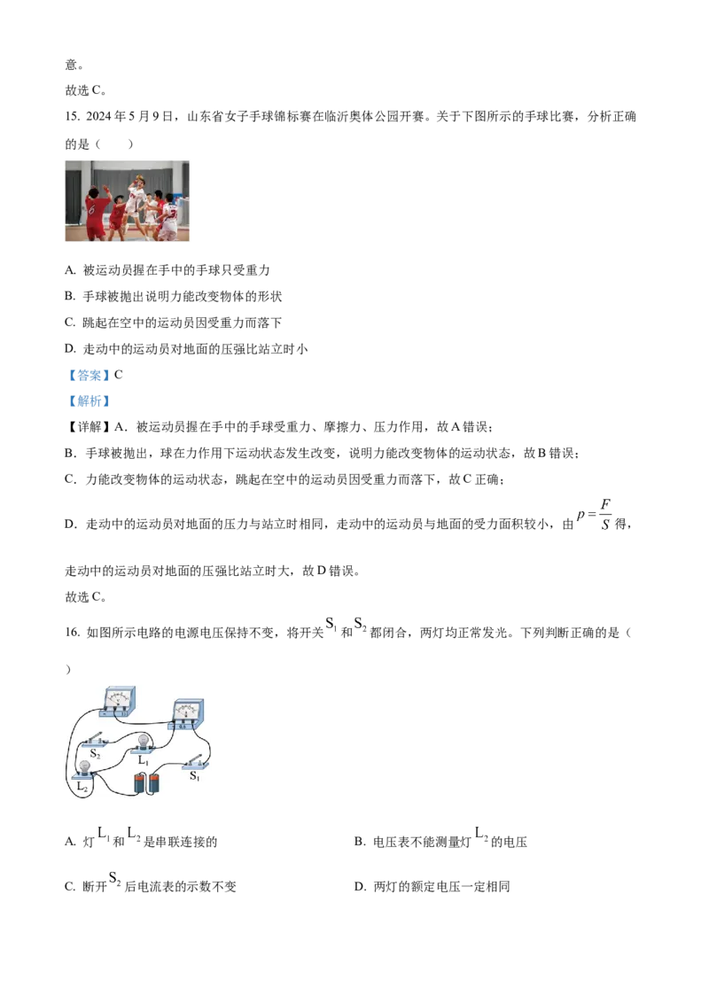 2024年山东省临沂市中考物理真题（解析版）_山东历年中考真题_山东省历年中考真题2013~2024_初中物理历年真题（2013-2024）