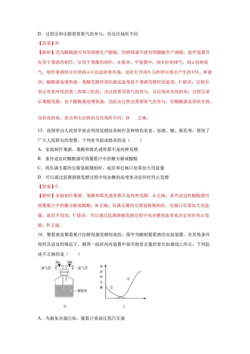 专题32传统发酵技术的应用（教师版）_新高考复习资料_2023年新高考复习资料_二轮复习_增分要点2023高考生物二轮复习专题解读和分层训练291073137_专题32传统发酵技术的应用