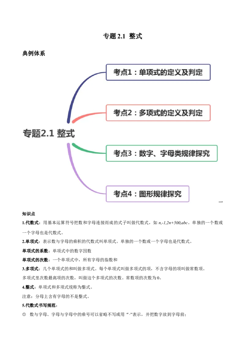 2.1整式讲练（原卷版）（人教版）_初中全科电子版试卷练习试题_数学_7上初中人教版数学练习、试卷24新版已更新_人教数学七年级上课时练习（109份）