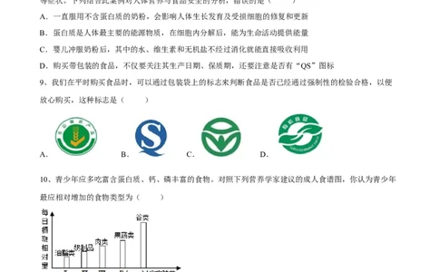 4.2.3合理营养与食品安全（原卷版）_初中全科电子版试卷练习试题_生物_生物人教版7下练习_人教生物7年级下课时练习40份_第2套七年级生物下册课时练习（人教版）20份