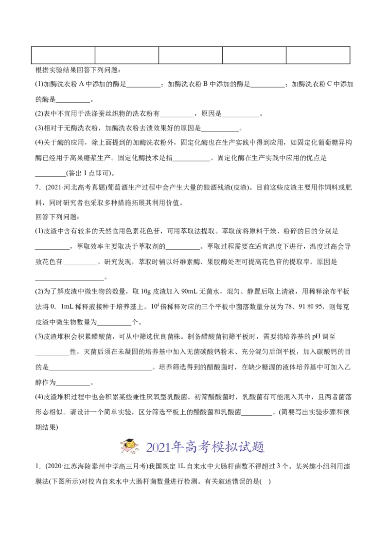 专题18生物技术实践-2021年高考生物真题与模拟题分类训练（学生版）_新高考复习资料_2023年新高考复习资料_一轮复习_2023年新高考大一轮复习讲义