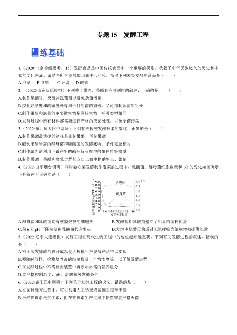 专题15发酵工程（练）-2023年高考生物二轮复习讲练测（全国通用）（原卷版）_通用版（老高考）复习资料_2023年复习资料_二轮复习_2023年高考生物二轮复习讲练测（全国通用）