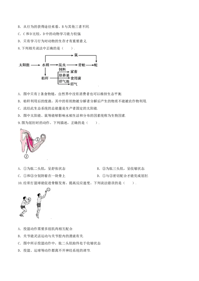 专题08图像分析-（人教版）（原卷版）_初中全科电子版试卷练习试题_生物_生物8上练习_人教生物8年级上专项练习23份_第1套八年级生物上册专项（人教版）09份