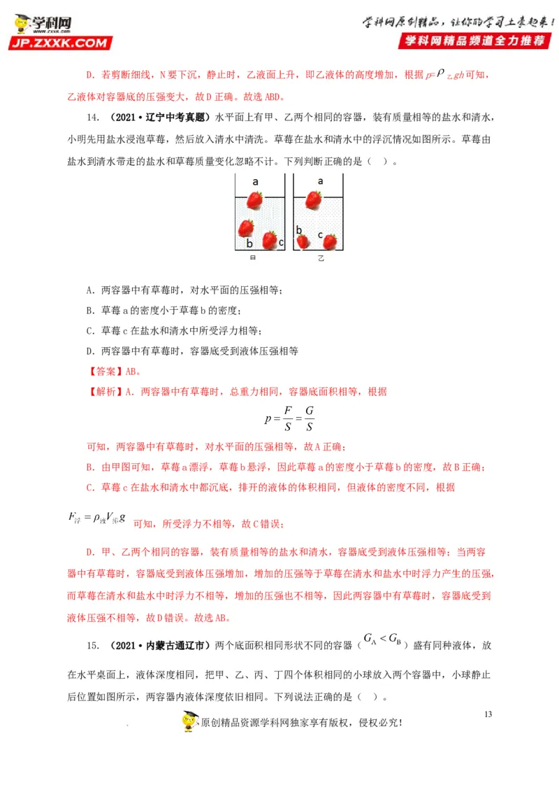 第十三单元密度、压强和浮力综合真题训练（解析版）_8、物理总复习_8.中考物理总复习_2022年中考复习资料