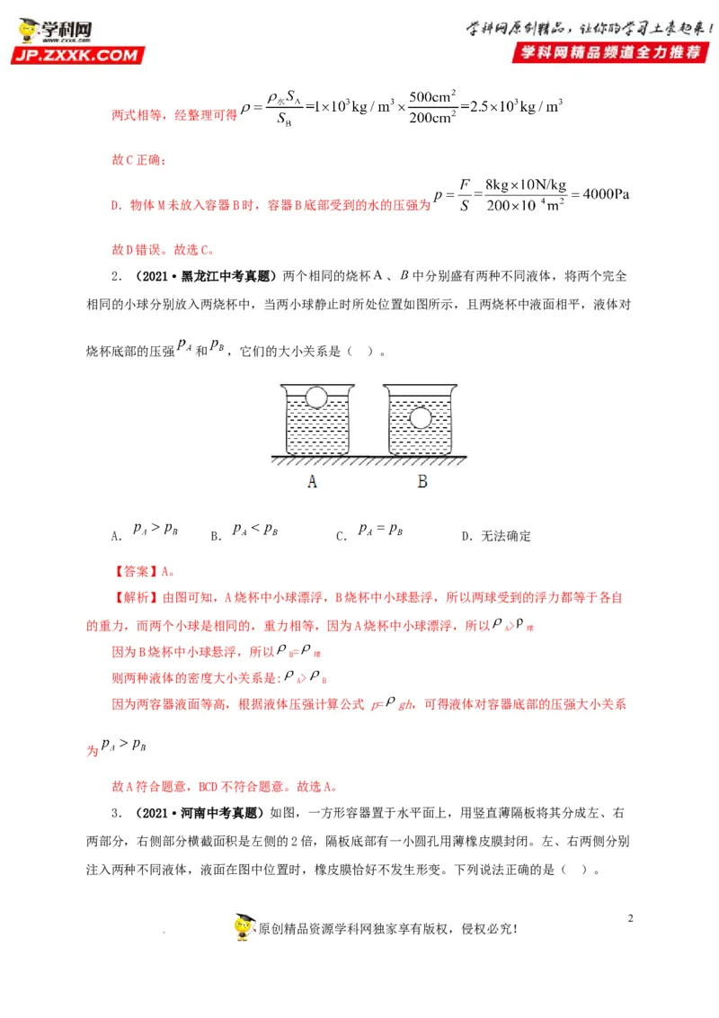 第十三单元密度、压强和浮力综合真题训练（解析版）_8、物理总复习_8.中考物理总复习_2022年中考复习资料
