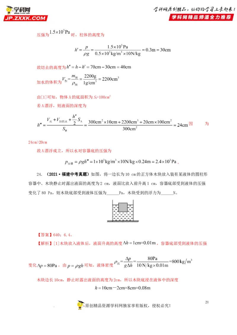 第十三单元密度、压强和浮力综合真题训练（解析版）_8、物理总复习_8.中考物理总复习_2022年中考复习资料