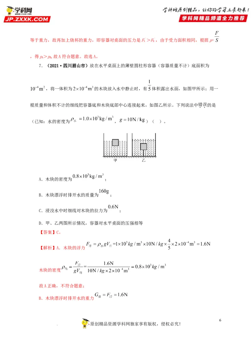 第十三单元密度、压强和浮力综合真题训练（解析版）_8、物理总复习_8.中考物理总复习_2022年中考复习资料