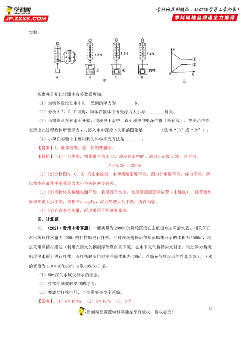 第十二单元浮力真题训练（解析版）_8、物理总复习_8.中考物理总复习_2022年中考复习资料_2022年中考一轮物理单元复习过过过（全国通用）学科网名师堂267298375