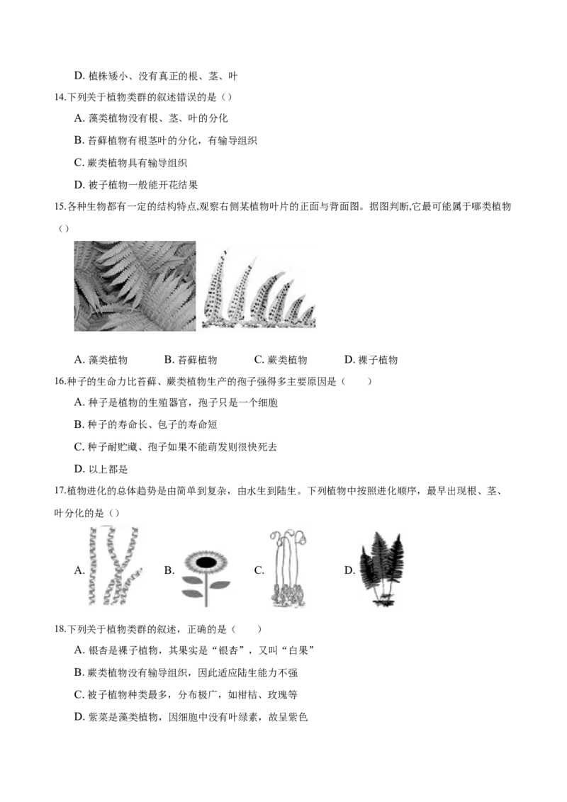 3.1章末检测（原卷版）_初中全科电子版试卷练习试题_生物_生物人教版7上练习&mdash;24新版已更新_人教生物7年级上单元试卷36份_第3套七年级生物上册单元试卷（人教版）06份