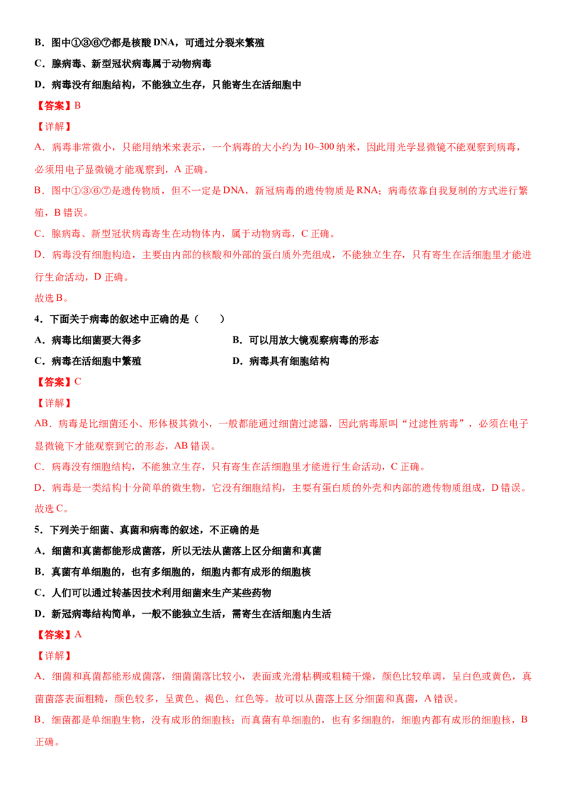 5.5病毒（练习）（解析版）_初中全科电子版试卷练习试题_生物_生物8上练习_人教生物8年级上课时练习37份_第1套八年级生物上册课时练习（人教版）16份