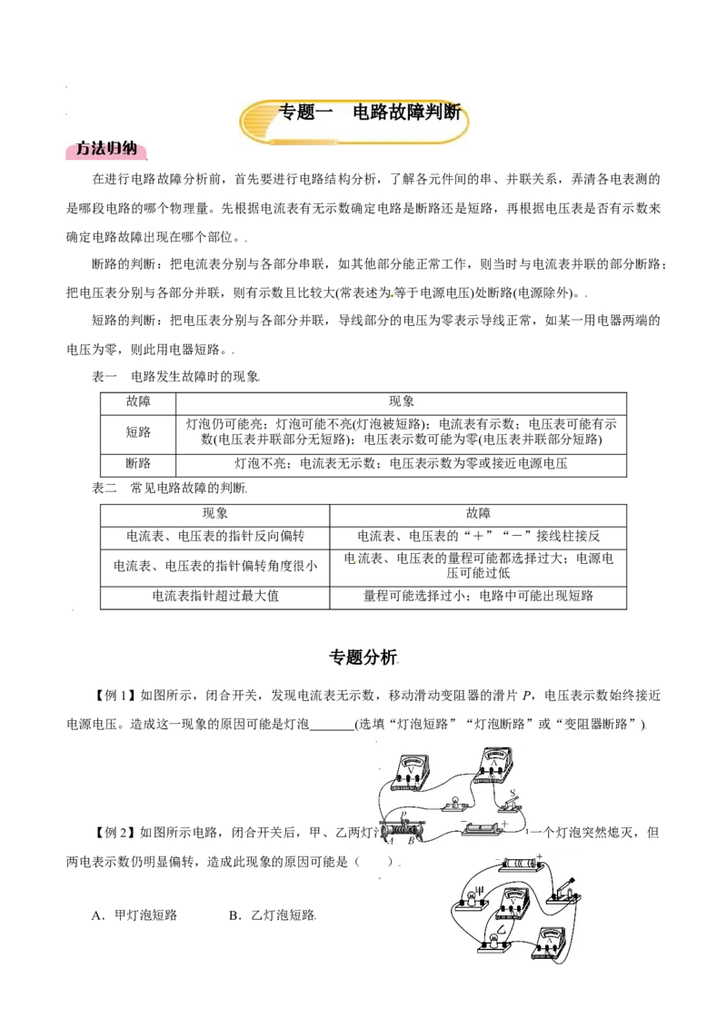 专题1电路故障判断（人教版）（原卷版）_初中全科电子版试卷练习试题_物理_9年级上下册物理试题_人教版物理九年级全一册专项练习（013份）