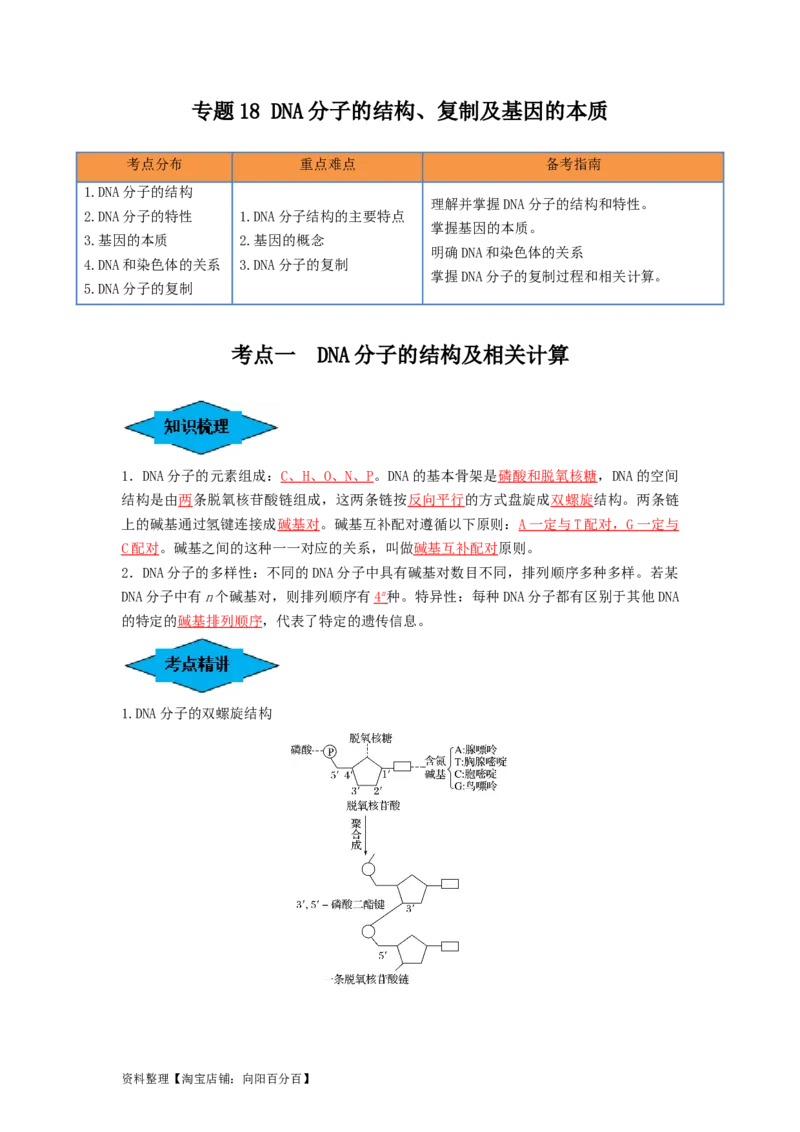 专题18DNA分子的结构、复制及基因的本质（串讲）（解析版）_新高考复习资料_2024年新高考复习资料_一轮复习资料_完备战2024年高考生物一轮复习串讲精练（新高考专用）_串讲_解析版