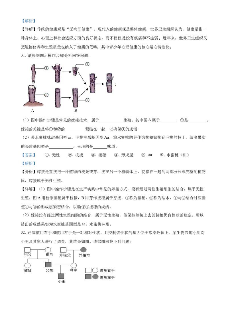 07八年级下学期期末生物试题（解析版）_初中全科电子版试卷练习试题_生物_生物8下练习_人教生物8年级下期末试卷12份