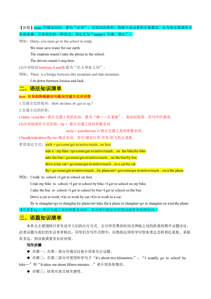 unit3howdoyougettoschool-七年级英语下册同步必背知识清单（人教版）_初中全科电子版试卷练习试题_英语_7年级下册-初中人教版英语_人教英语七年级下知识总结（012份）