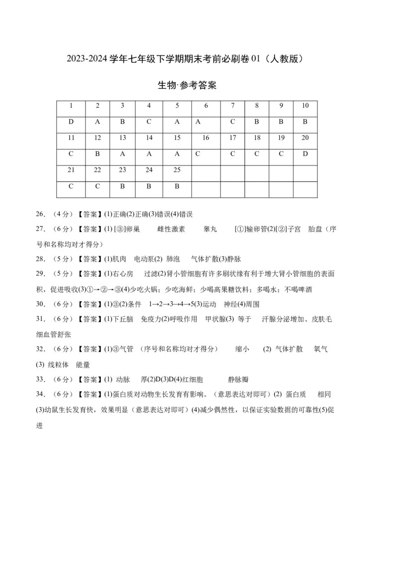 生物01卷（人教版七年级下册全部）-（参考答案）_new_初中全科电子版试卷练习试题_生物_生物人教版7下练习_人教生物7年级下期末试卷11份