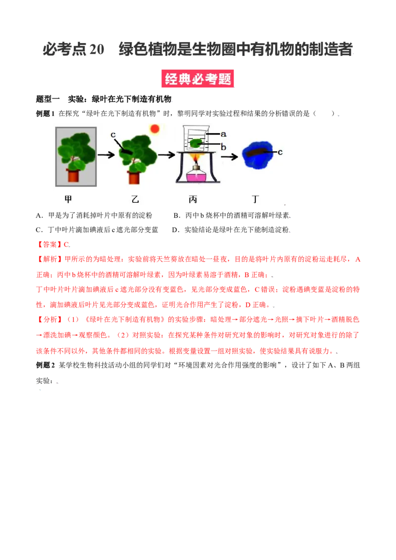 必考点20绿色植物是生物圈中有机物的制造者-（人教版）（解析版）_初中全科电子版试卷练习试题_生物_生物人教版7上练习&mdash;24新版已更新_人教生物7年级上专项练习28份