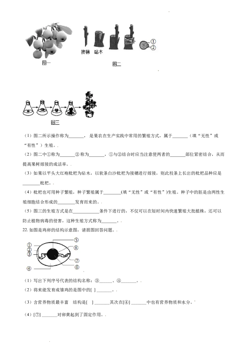八年级下学期第一次月考生物试题（原卷版）_初中全科电子版试卷练习试题_生物_生物8下练习_人教生物8年级下月考试卷04份_月考试卷（第三套）