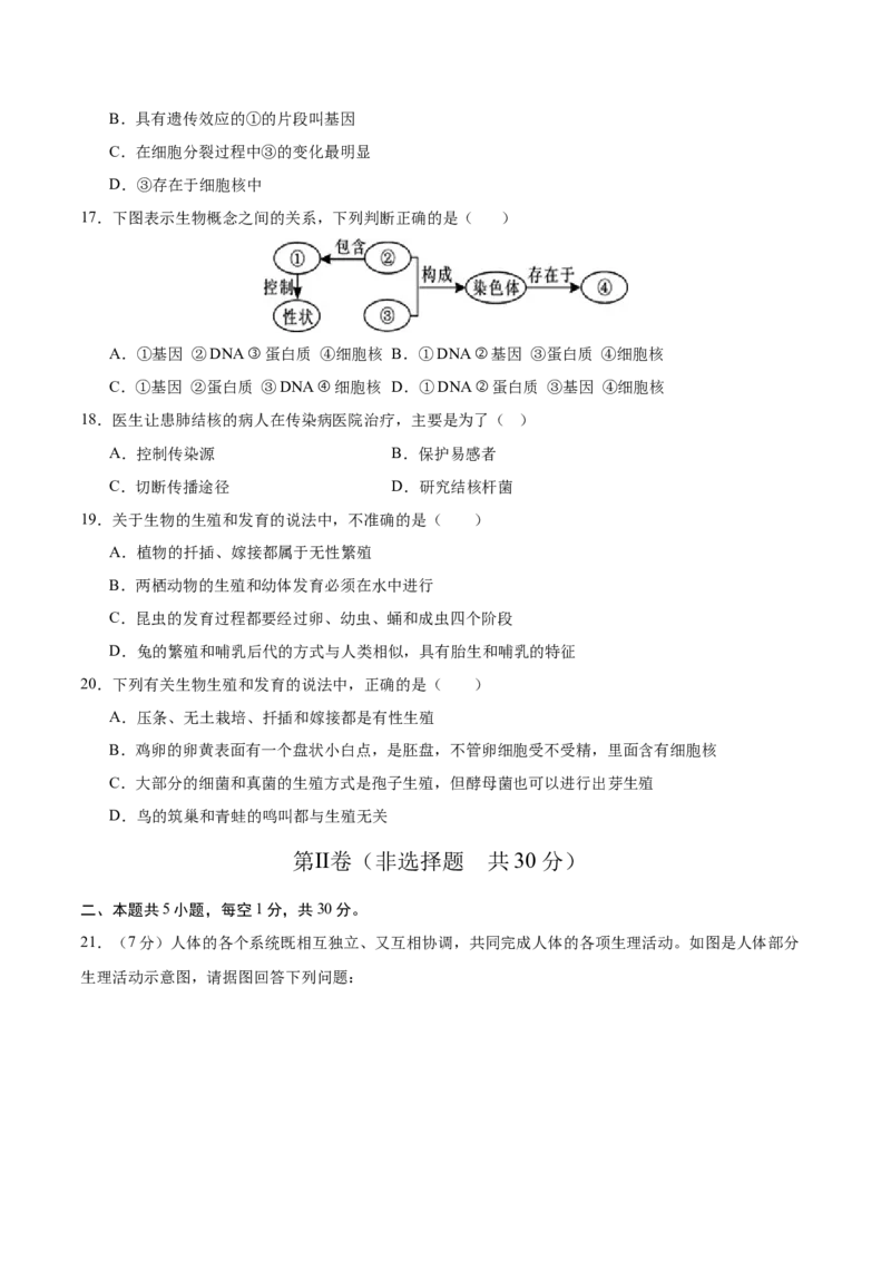 生物（重庆卷）（考试版A4）_初中全科电子版试卷练习试题_生物_2024中考模拟题生物(1)_二模_生物（重庆卷）-：2024年中考第二次模拟考试