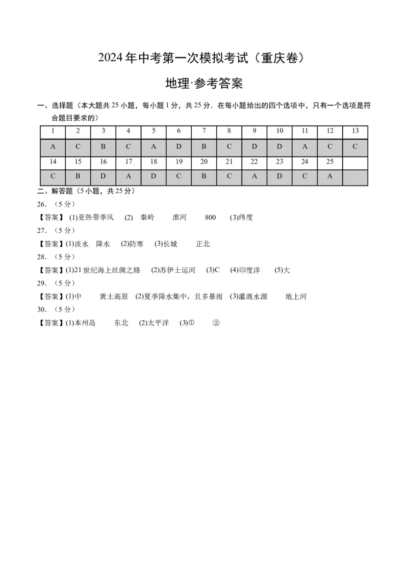 地理（重庆卷）（参考答案及评分标准）_初中全科电子版试卷练习试题_地理_2024中考模拟题地理(1)_一模_地理（重庆卷）-2024年中考第一次模拟考试
