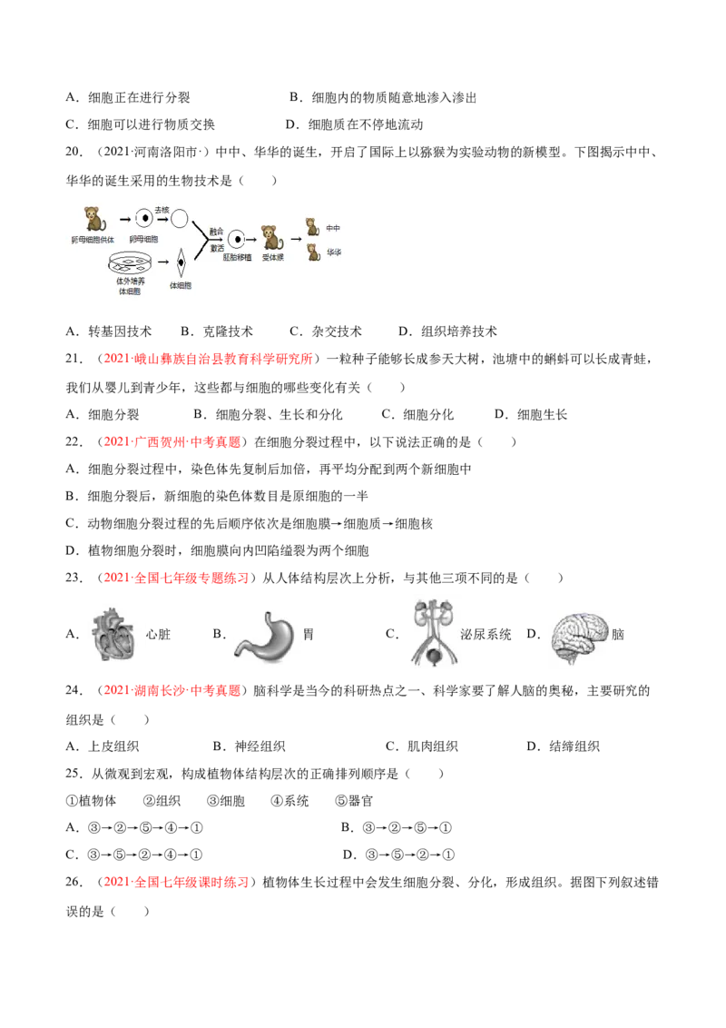 期中测试（B卷&middot;提升能力）（原卷版）_初中全科电子版试卷练习试题_生物_生物人教版7上练习&mdash;24新版已更新_人教生物7年级上期中试卷07份