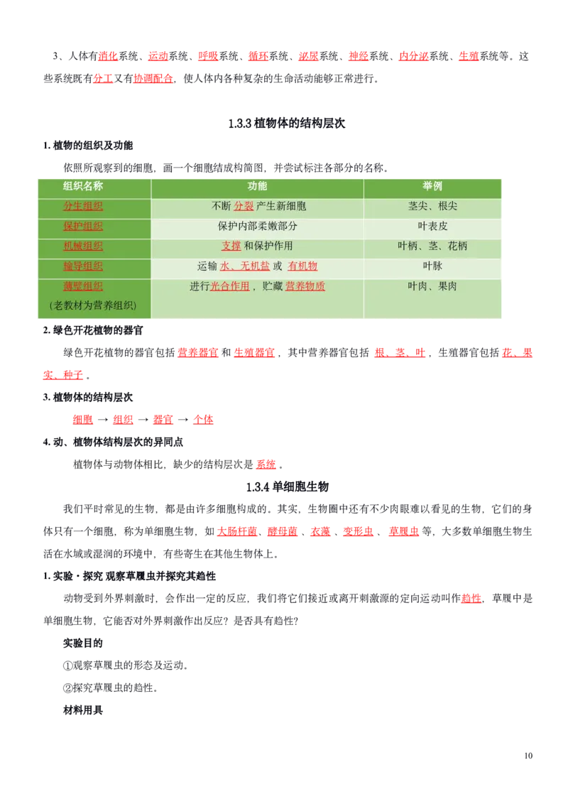 人教版7年级上册生物知识总结（教师版）27页2024秋新版教材_初中全科电子版试卷练习试题_生物_生物人教版7上练习&mdash;24新版已更新_人教生物七年级上知识汇总